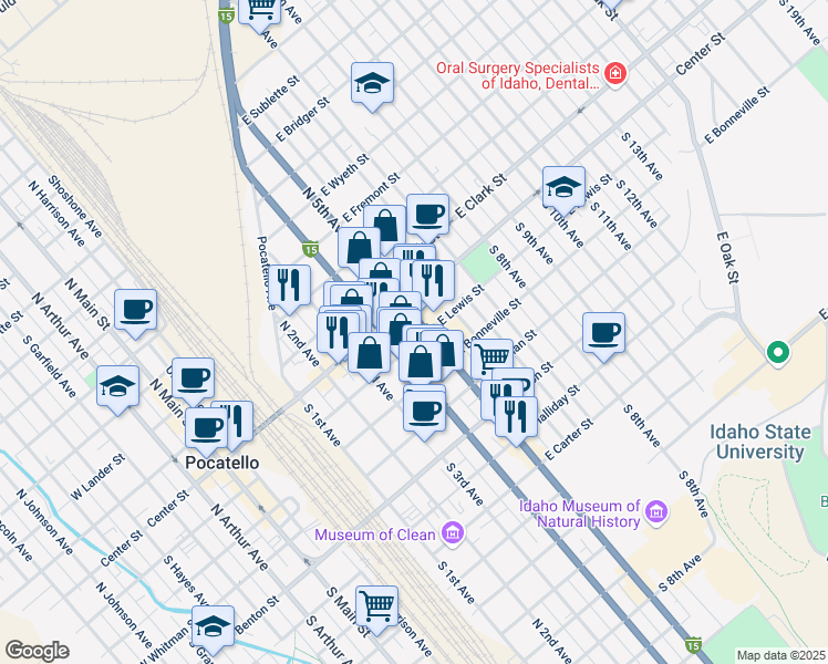 map of restaurants, bars, coffee shops, grocery stores, and more near 137 South 5th Avenue in Pocatello