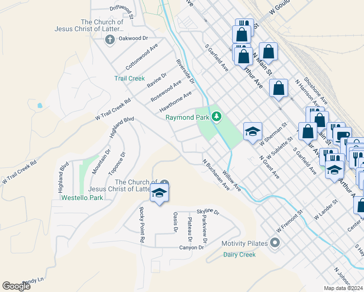 map of restaurants, bars, coffee shops, grocery stores, and more near 3 Foothill Boulevard in Pocatello