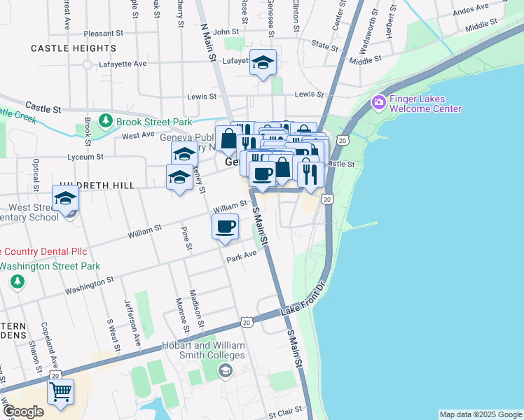 map of restaurants, bars, coffee shops, grocery stores, and more near 417 South Main Street in Geneva