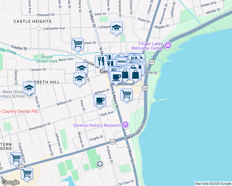 map of restaurants, bars, coffee shops, grocery stores, and more near 417 South Main Street in Geneva