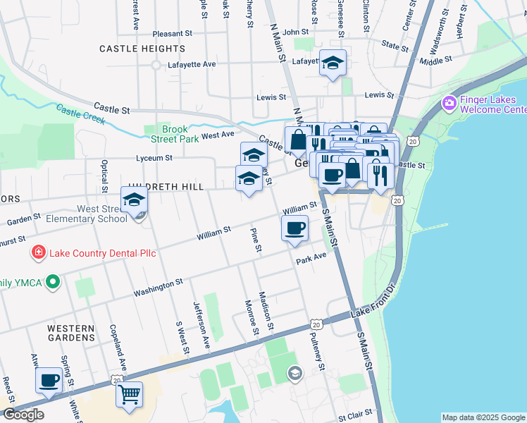 map of restaurants, bars, coffee shops, grocery stores, and more near 116 William Street in Geneva