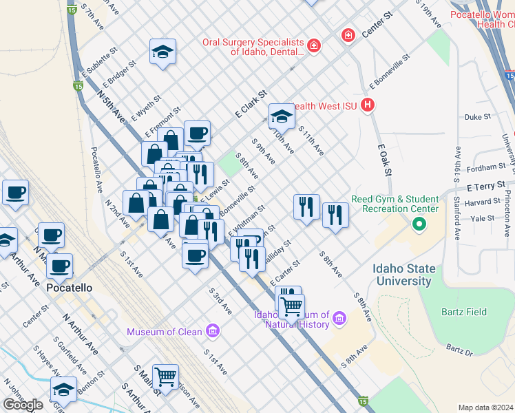 map of restaurants, bars, coffee shops, grocery stores, and more near 816 East Whitman Street in Pocatello