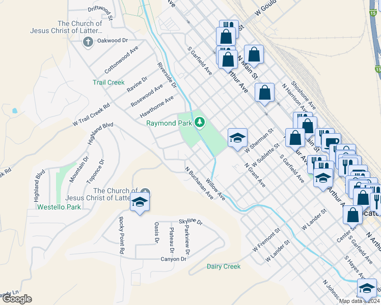 map of restaurants, bars, coffee shops, grocery stores, and more near 904 West Young Street in Pocatello