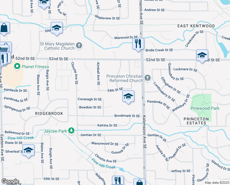 map of restaurants, bars, coffee shops, grocery stores, and more near 1444 54th Street Southeast in Kentwood