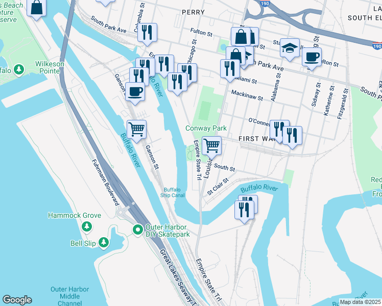 map of restaurants, bars, coffee shops, grocery stores, and more near 421 Ohio Street in Buffalo