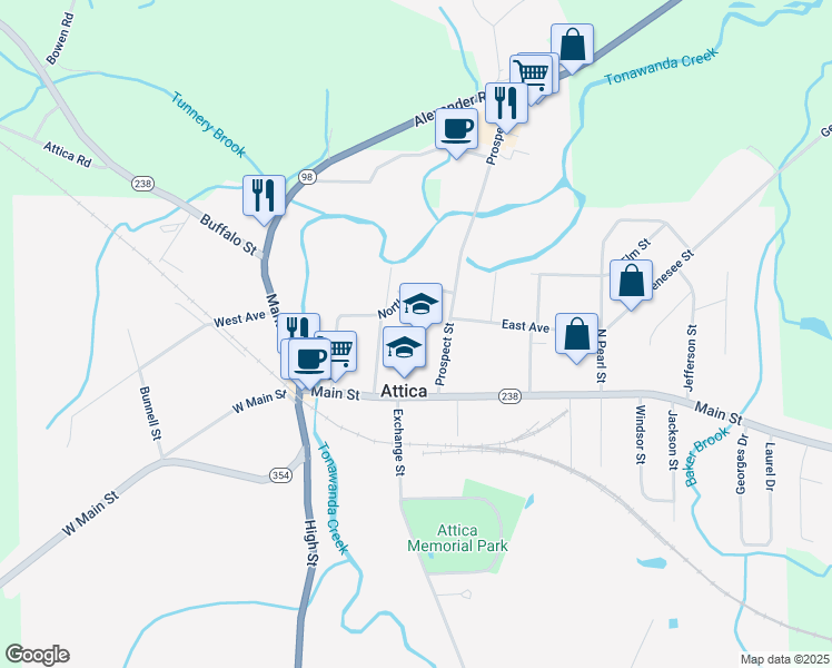 map of restaurants, bars, coffee shops, grocery stores, and more near 31 Prospect Street in Attica