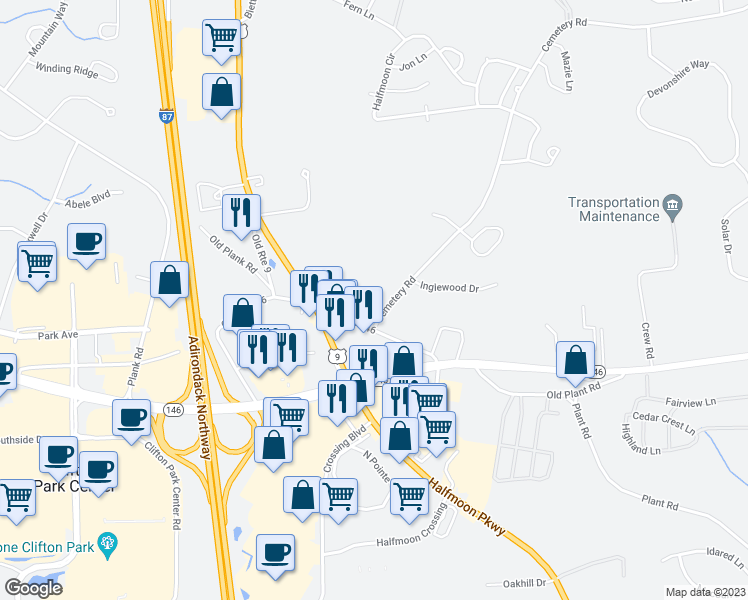 map of restaurants, bars, coffee shops, grocery stores, and more near 4 Cemetery Road in Saratoga County