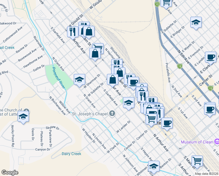 map of restaurants, bars, coffee shops, grocery stores, and more near 422 West Bridger Street in Pocatello