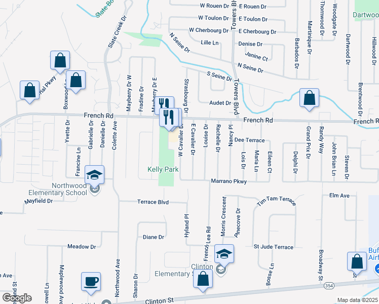 map of restaurants, bars, coffee shops, grocery stores, and more near 70 East Cavalier Drive in Buffalo