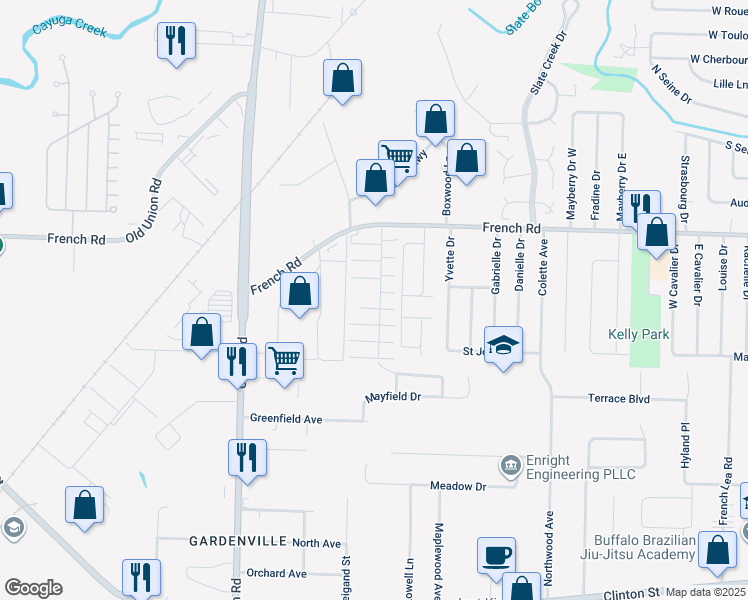 map of restaurants, bars, coffee shops, grocery stores, and more near 85 Garden Village Drive in Cheektowaga