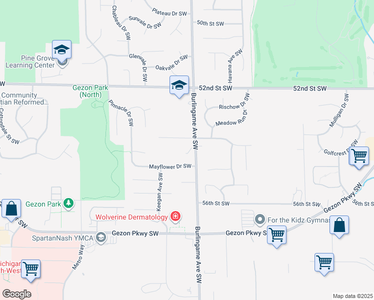 map of restaurants, bars, coffee shops, grocery stores, and more near 1610 52nd Street Southwest in Grand Rapids