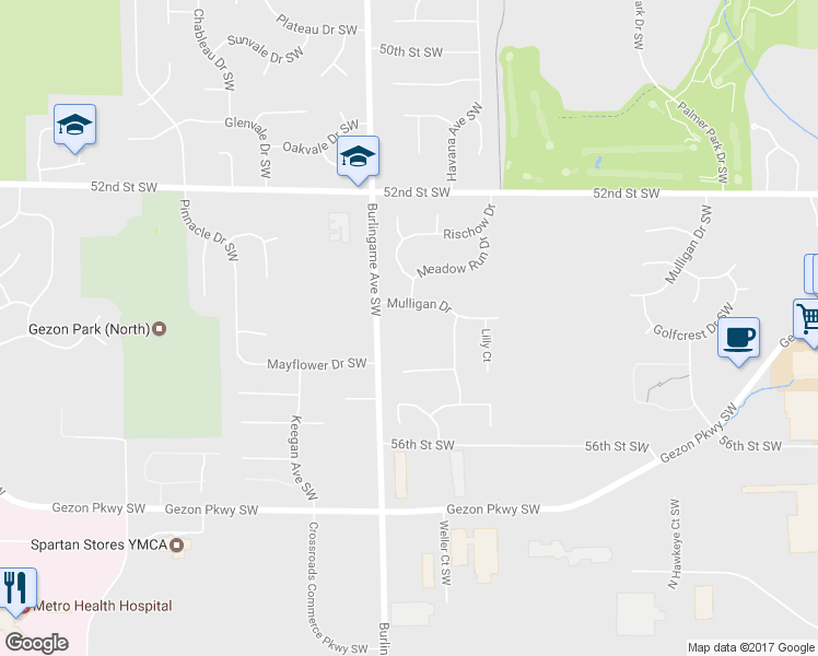 map of restaurants, bars, coffee shops, grocery stores, and more near 5404 Burlingame Avenue Southwest in Wyoming