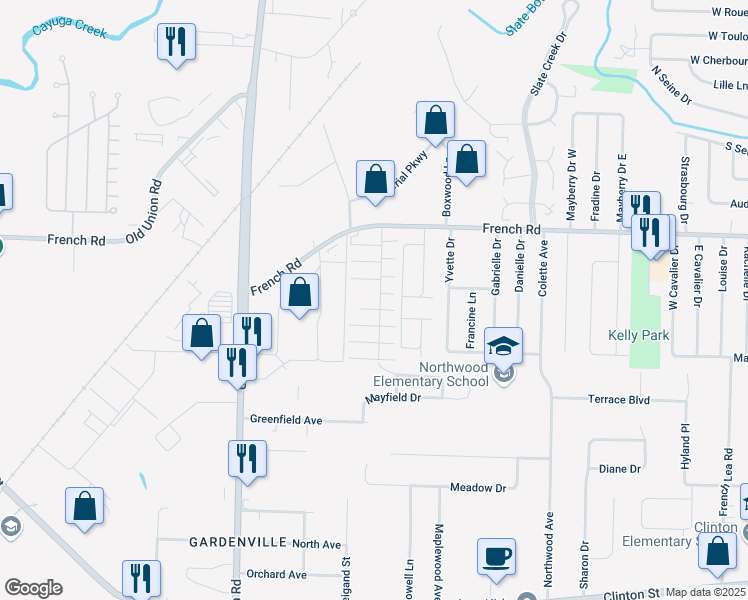 map of restaurants, bars, coffee shops, grocery stores, and more near 70 Garden Village Drive in Buffalo