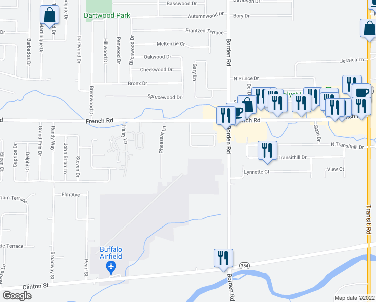 map of restaurants, bars, coffee shops, grocery stores, and more near 50 Suzette Drive in Buffalo