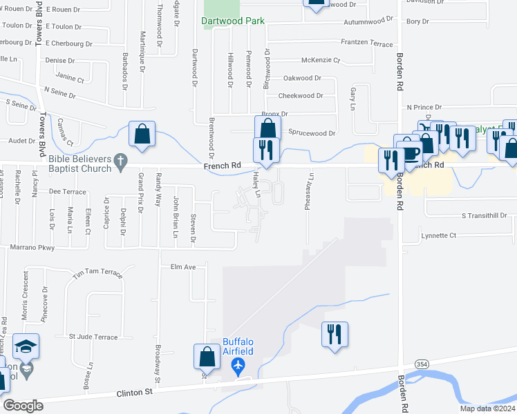 map of restaurants, bars, coffee shops, grocery stores, and more near 63 Haley Ln in Cheektowaga
