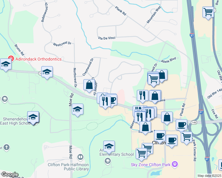 map of restaurants, bars, coffee shops, grocery stores, and more near 2 Tallow Wood Court in Saratoga County