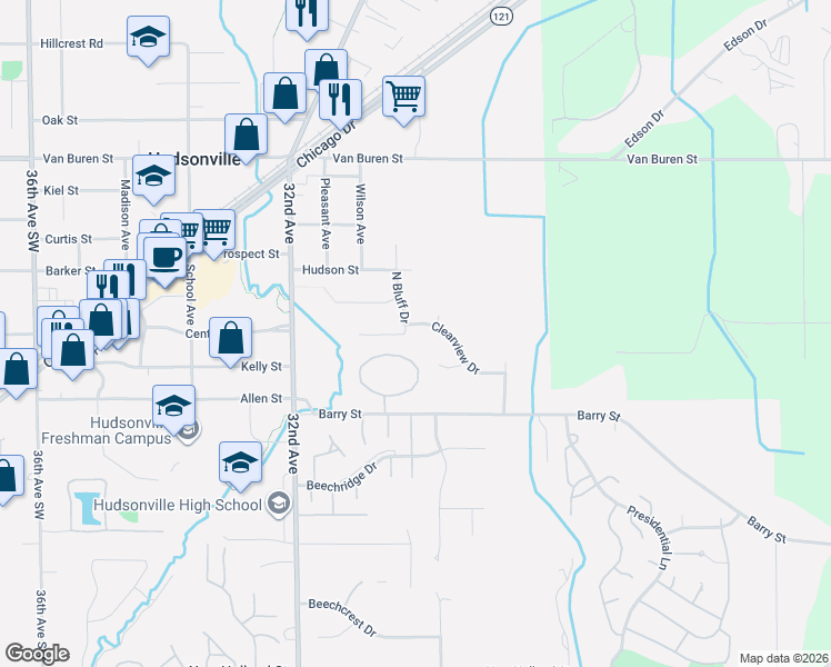 map of restaurants, bars, coffee shops, grocery stores, and more near 5290 Southbrook Court in Hudsonville