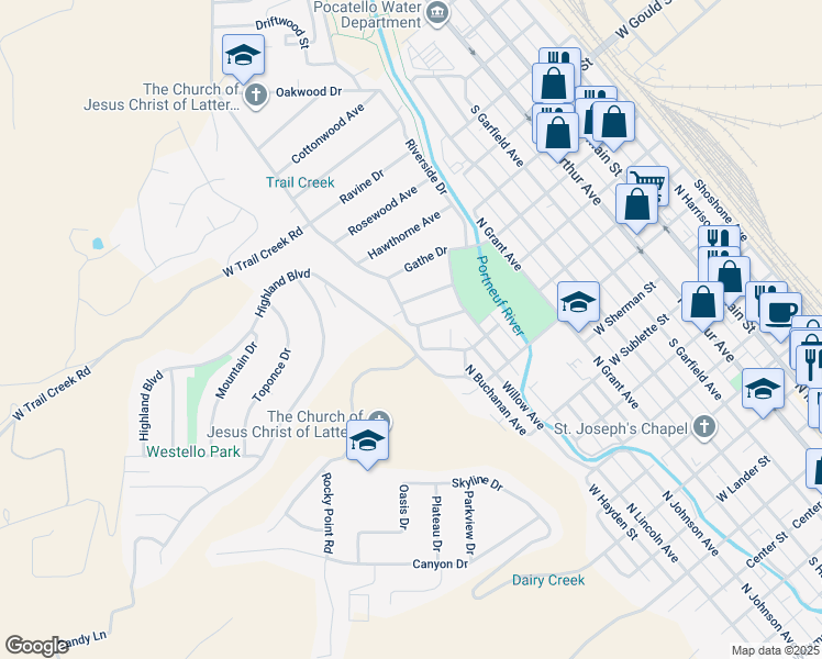 map of restaurants, bars, coffee shops, grocery stores, and more near 9 Foothill Boulevard in Pocatello