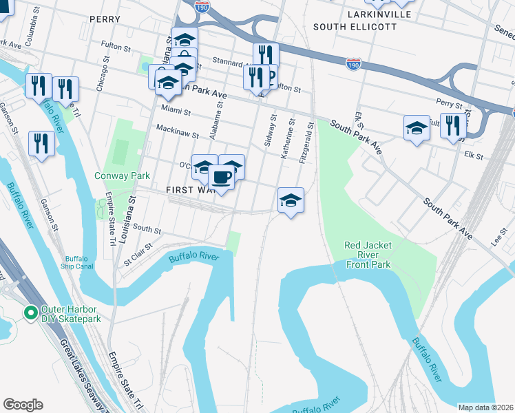 map of restaurants, bars, coffee shops, grocery stores, and more near 43 Hamburg Street in Buffalo
