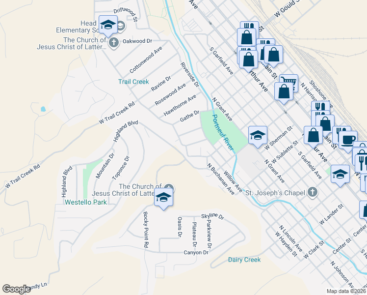 map of restaurants, bars, coffee shops, grocery stores, and more near 13 Foothill Boulevard in Pocatello