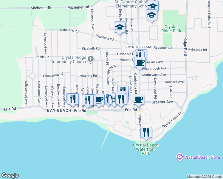 map of restaurants, bars, coffee shops, grocery stores, and more near 318 Cambridge Road West in Fort Erie