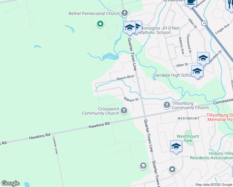 map of restaurants, bars, coffee shops, grocery stores, and more near 8 Sycamore Drive in Tillsonburg