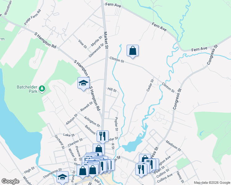 map of restaurants, bars, coffee shops, grocery stores, and more near 16 Russell Street in Amesbury