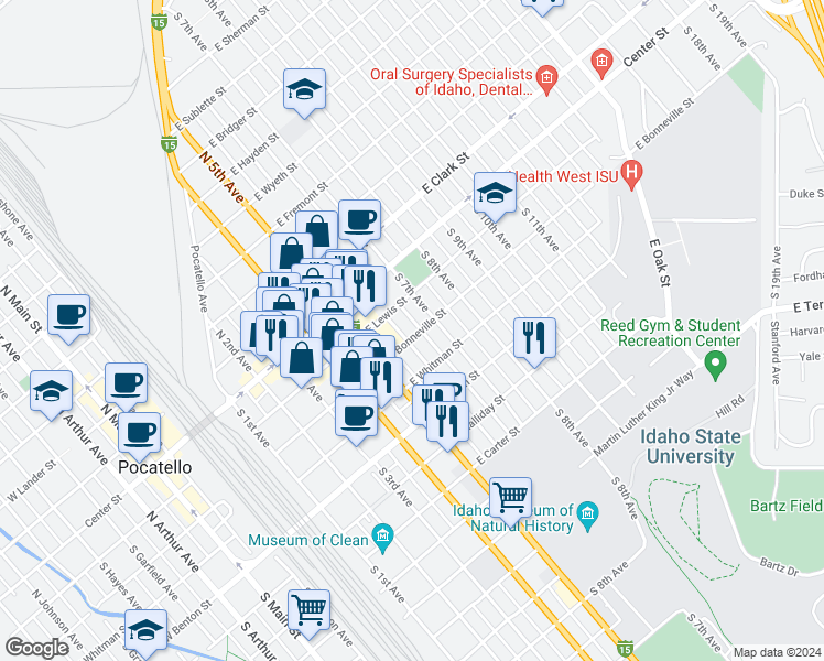 map of restaurants, bars, coffee shops, grocery stores, and more near 330 South 6th Avenue in Pocatello