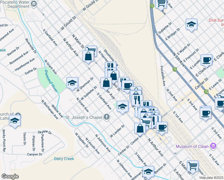 map of restaurants, bars, coffee shops, grocery stores, and more near 629 North Arthur Avenue in Pocatello
