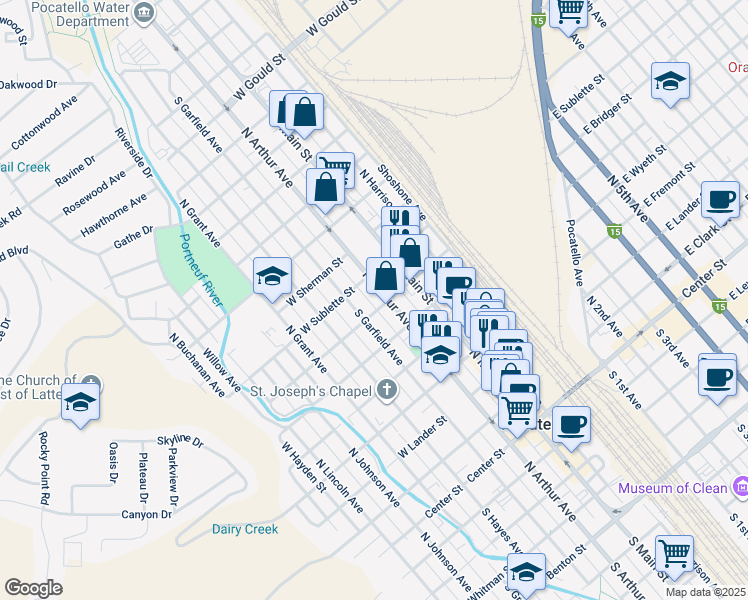 map of restaurants, bars, coffee shops, grocery stores, and more near 710 North Garfield Avenue in Pocatello