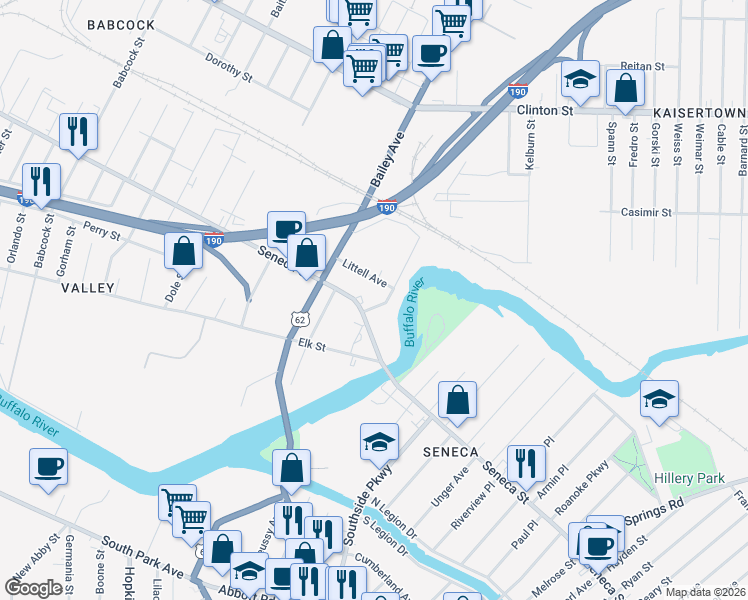 map of restaurants, bars, coffee shops, grocery stores, and more near 1574 Seneca Street in Buffalo
