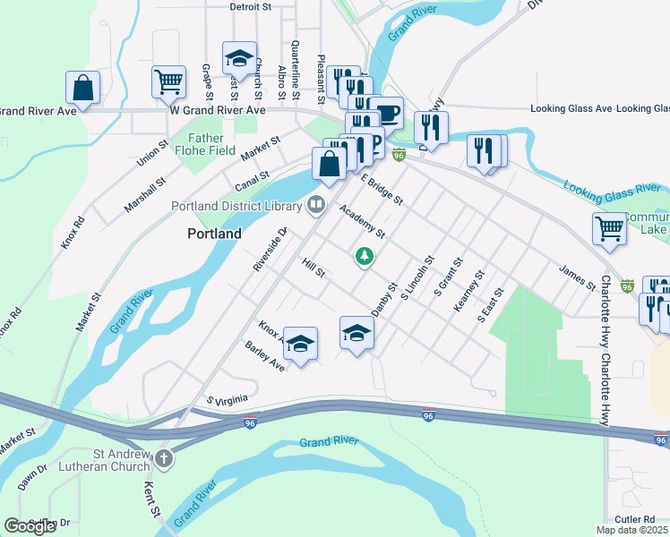 map of restaurants, bars, coffee shops, grocery stores, and more near 528 Elm Street in Portland