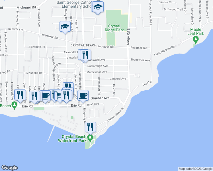 map of restaurants, bars, coffee shops, grocery stores, and more near Fairfield Avenue in Fort Erie