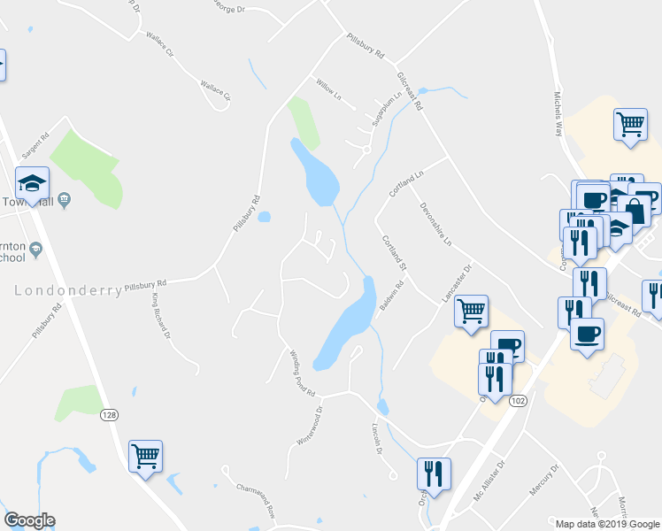 map of restaurants, bars, coffee shops, grocery stores, and more near 299 Winding Pond Road in Londonderry