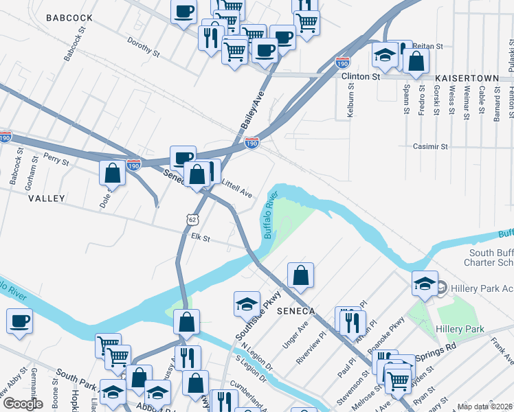 map of restaurants, bars, coffee shops, grocery stores, and more near 35 Archer Avenue in Buffalo