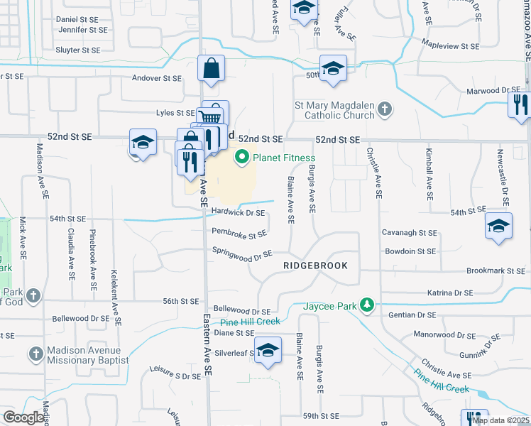 map of restaurants, bars, coffee shops, grocery stores, and more near 945 Hardwick Drive Southeast in Kentwood