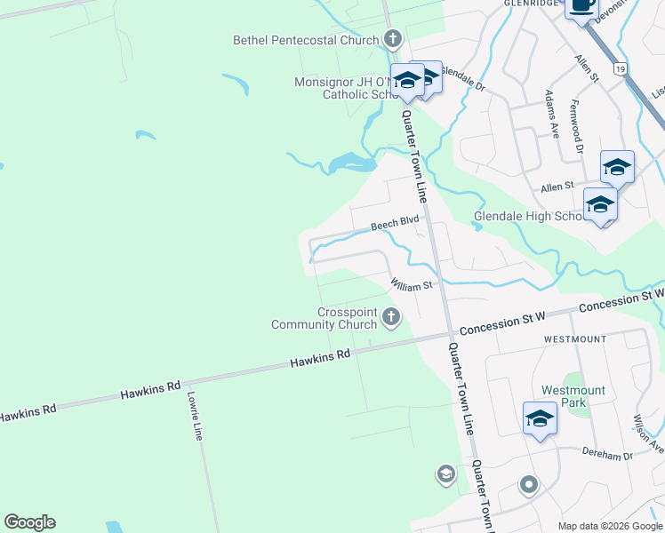 map of restaurants, bars, coffee shops, grocery stores, and more near 21 Sycamore Drive in Tillsonburg