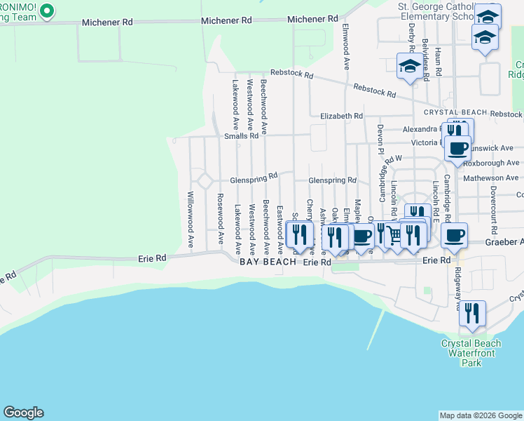 map of restaurants, bars, coffee shops, grocery stores, and more near 339 Beechwood Avenue in Fort Erie