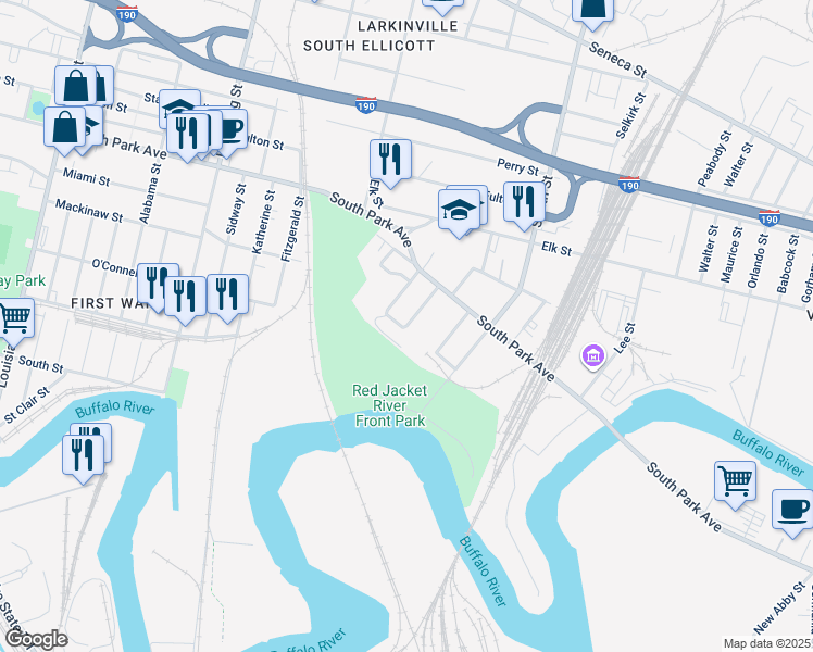 map of restaurants, bars, coffee shops, grocery stores, and more near 139 Buffalo River Place in Buffalo
