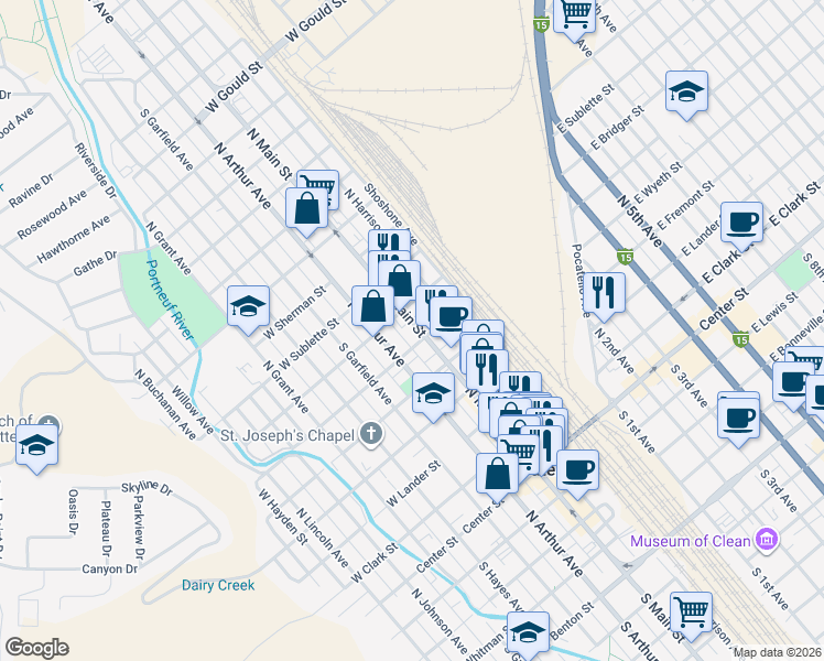 map of restaurants, bars, coffee shops, grocery stores, and more near 555 North Main Street in Pocatello
