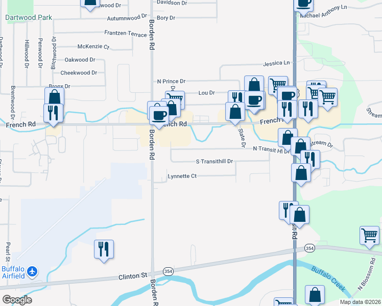 map of restaurants, bars, coffee shops, grocery stores, and more near 113 South Transithill Drive in Depew