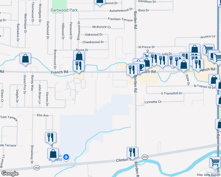 map of restaurants, bars, coffee shops, grocery stores, and more near 50 Suzette Drive in Buffalo