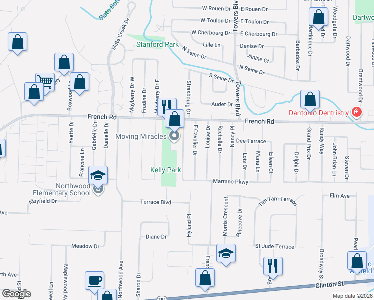 map of restaurants, bars, coffee shops, grocery stores, and more near 70 East Cavalier Drive in Buffalo