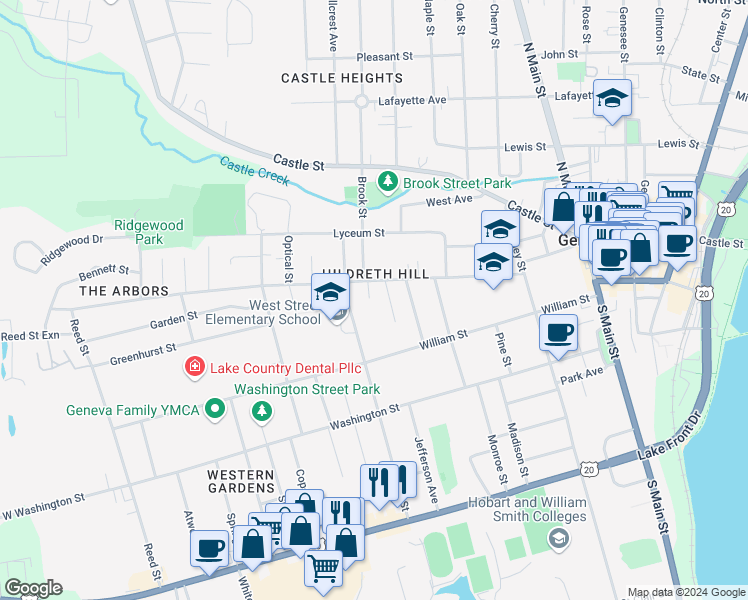map of restaurants, bars, coffee shops, grocery stores, and more near 29 West Street in Geneva
