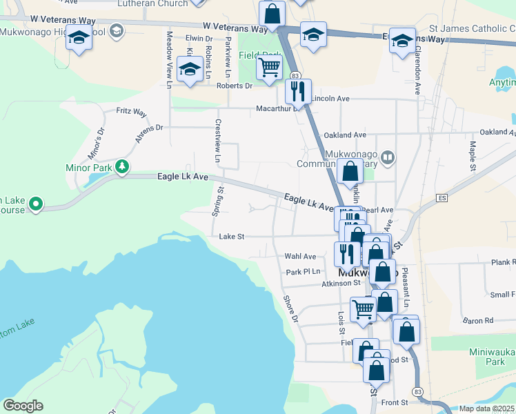 map of restaurants, bars, coffee shops, grocery stores, and more near 326 Lake Street in Mukwonago