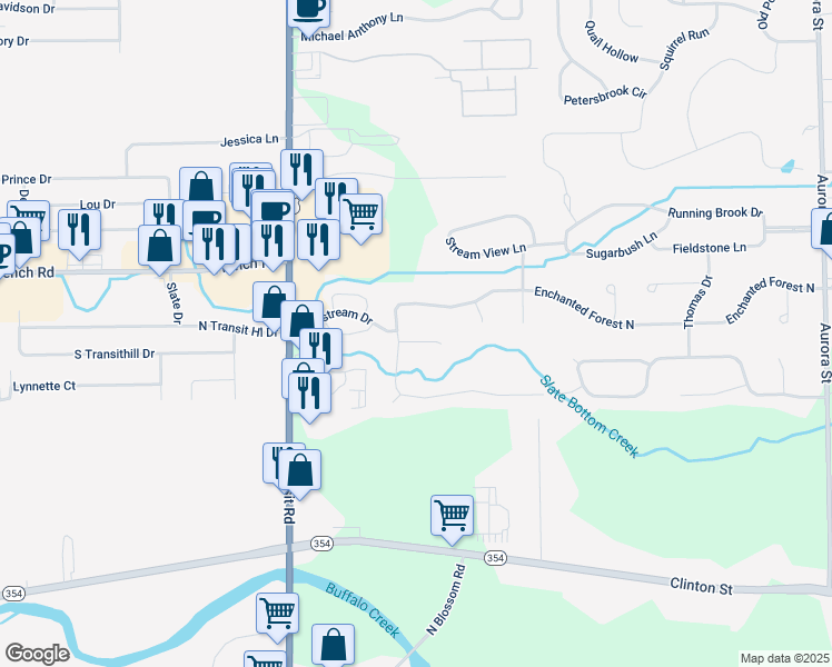 map of restaurants, bars, coffee shops, grocery stores, and more near 2 Cidermill Court in Depew