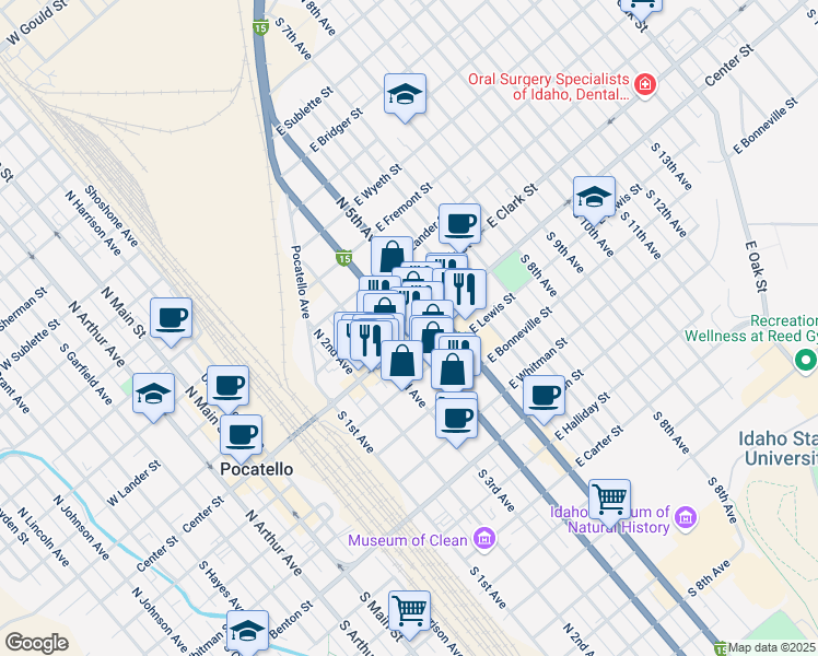 map of restaurants, bars, coffee shops, grocery stores, and more near 123 South 4th Avenue in Pocatello
