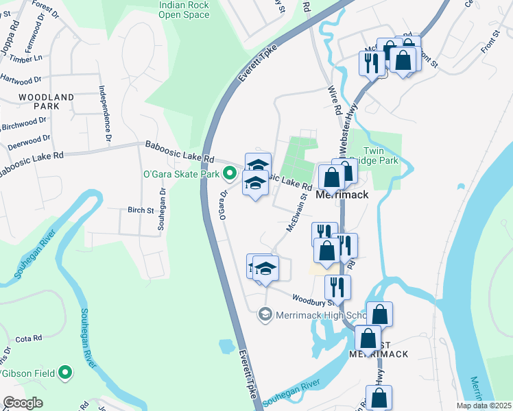 map of restaurants, bars, coffee shops, grocery stores, and more near 7 School Street in Merrimack