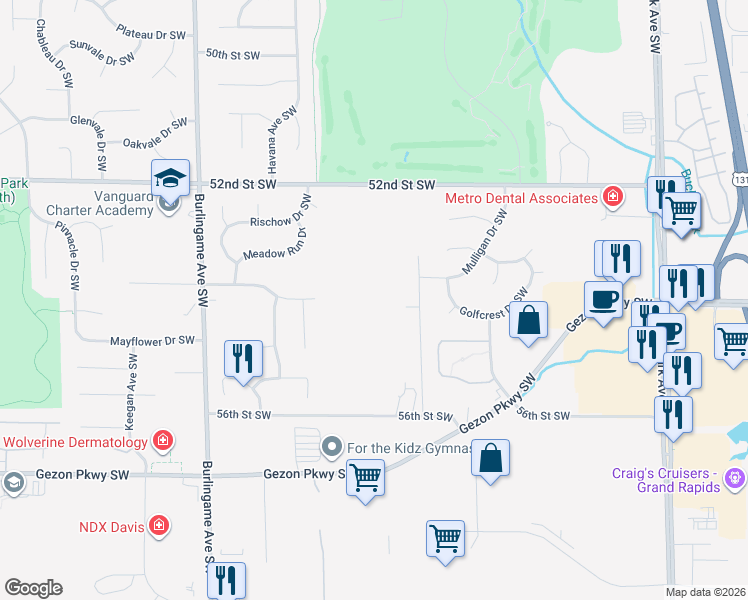 map of restaurants, bars, coffee shops, grocery stores, and more near 1364 52nd Street Southwest in Wyoming