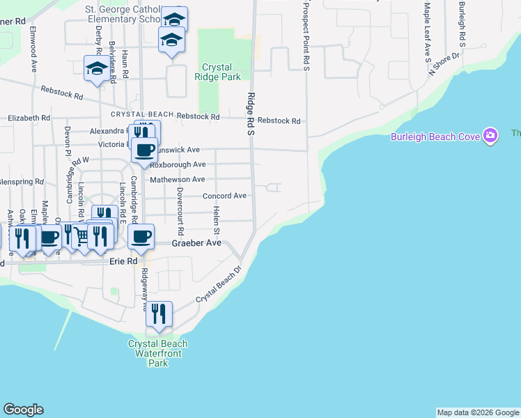 map of restaurants, bars, coffee shops, grocery stores, and more near 348 Ridge Road South in Fort Erie
